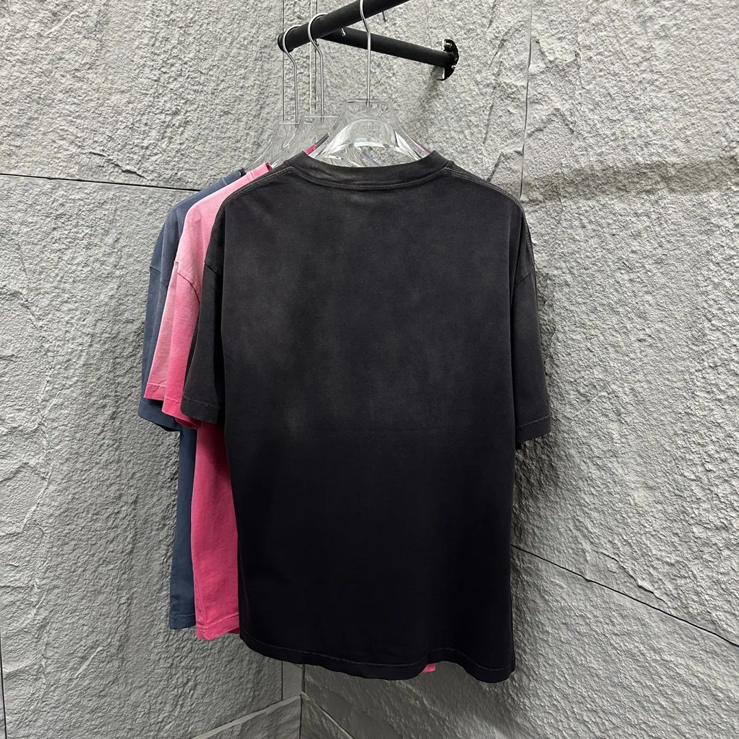 🅿️200 CH Croix Heart 2025 Summer New Style Heavy Acid Washing Gradient Distressing Chest Logo Classic Embroidery Customized Fabric Short Sleeve T-shirt Unisex Size: S M L XL XXL Five Codes (European Code) Color: Gradient Black Gradient Pink Gradient Blue